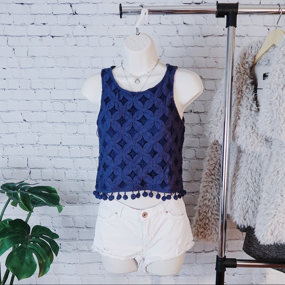 Royal Blue Flower Lace Crop Top with Fringe Ball - Picture 1 of 3